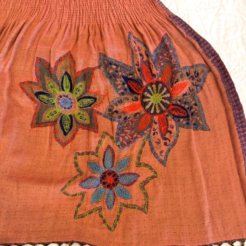 Rising Tide Reversible Scarf Terracotta Navy Blue Floral Embroidered Boho Fringe - Picture 3 of 7